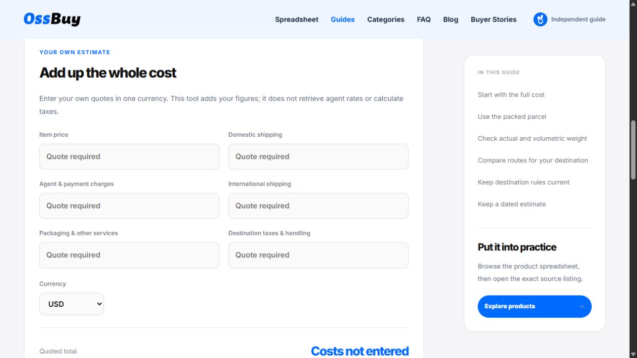 The shipping guide calculator showing blank quote fields and Costs not entered