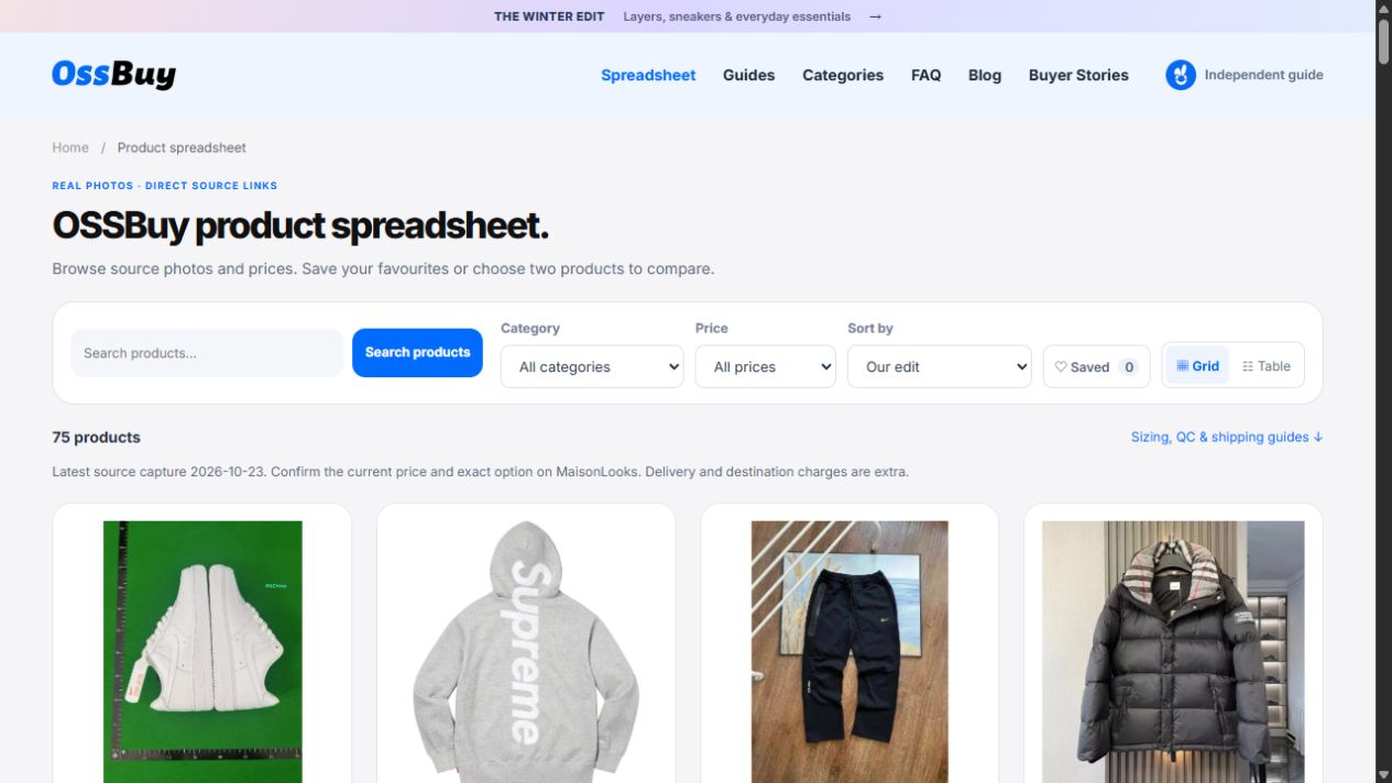 The product spreadsheet with category, USD budget and sorting controls above real source product photos