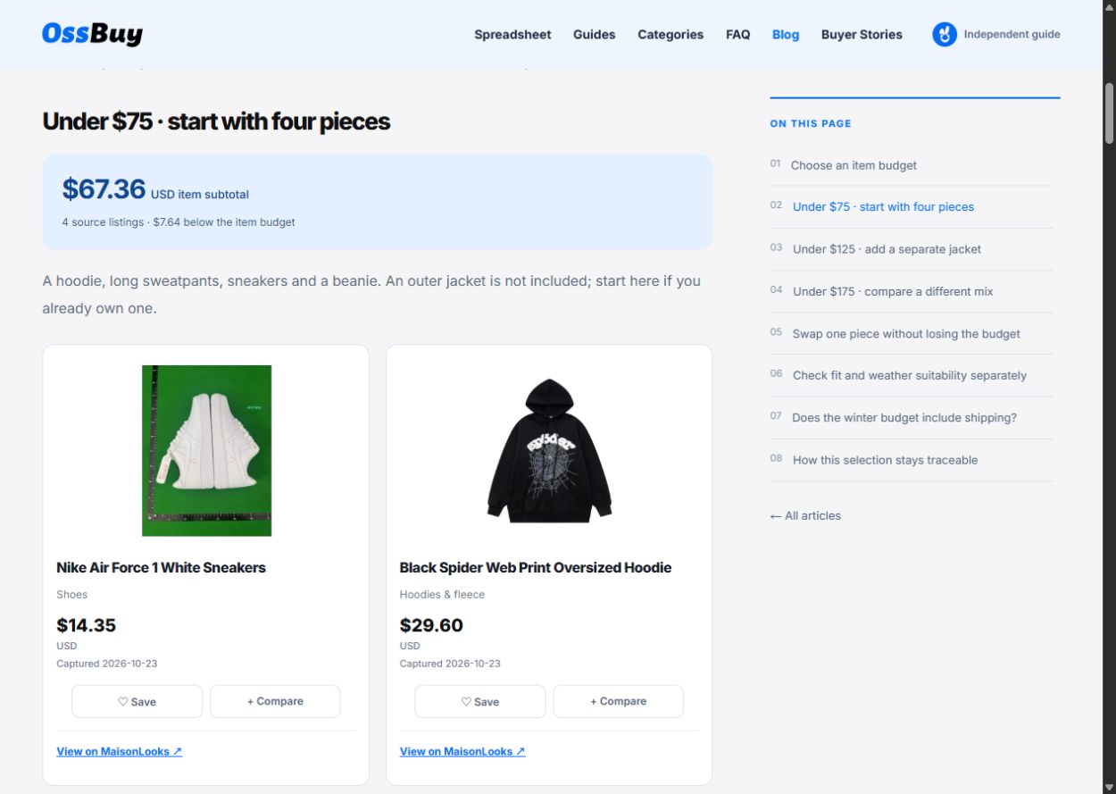The winter budget article showing its USD 67.36 item subtotal and real source sneaker and hoodie cards